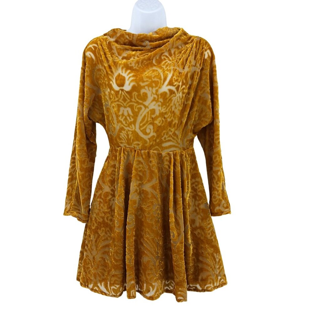 Topshop Gold Velvet Burnout Mini Dress Size 2 Long Sleeves Cowl Neck